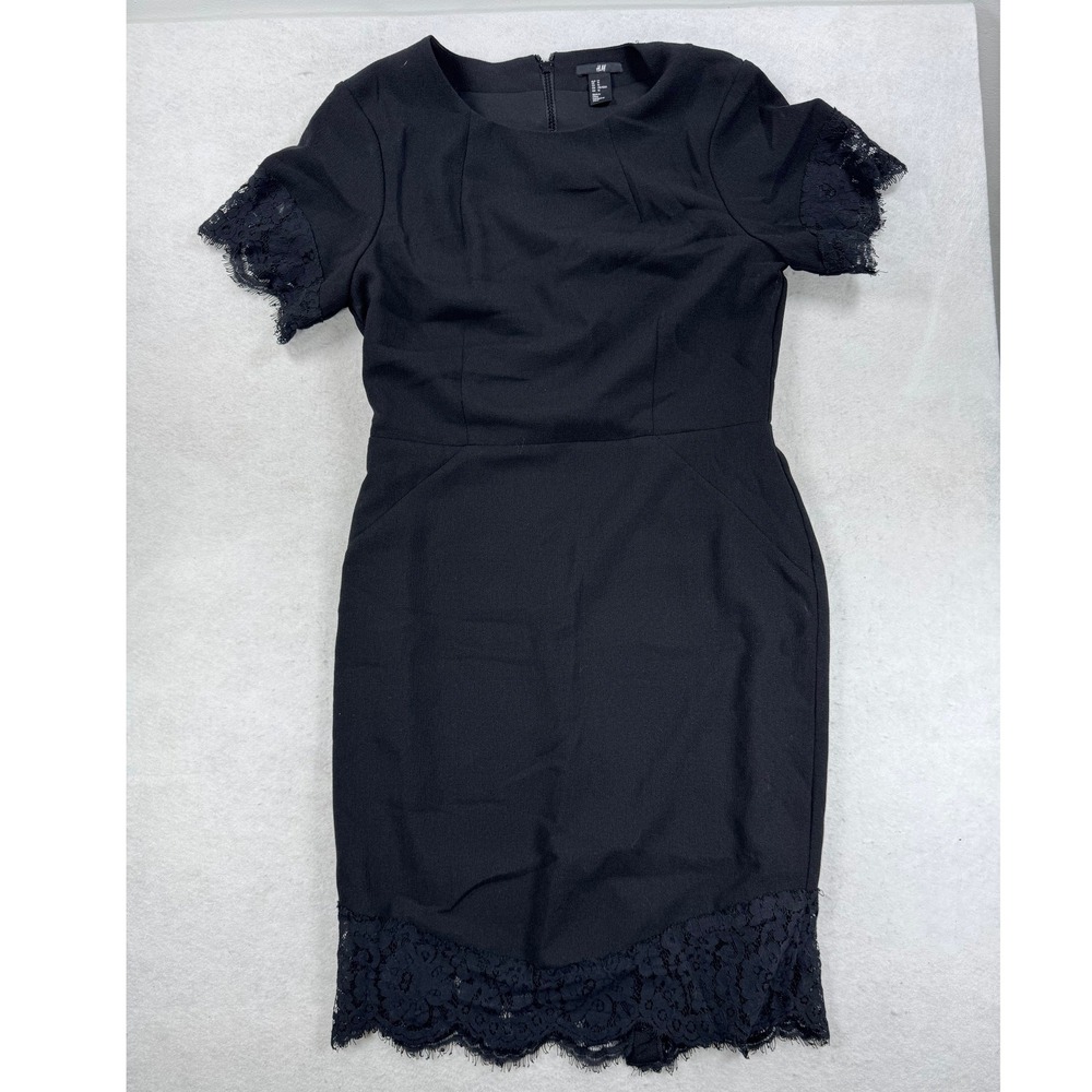 HM Black Lace Trim Sheath Dress Short Sleeve Round Neck Size 14 Pocketed LBD
